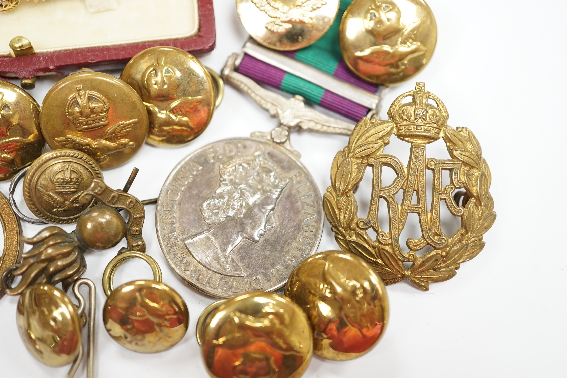 A 9ct. enamelled RAF Sweetheart brooch, an Elizabeth II General Service medal with Malaya bar to Cpl. A.J.L. Fuller R.A.F., a number of buttons and related sundries